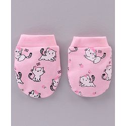 Babyhug 100% Cotton Cap Mittens & Booties Set Cat Print - Pink
