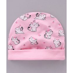 Babyhug 100% Cotton Cap Mittens & Booties Set Cat Print - Pink