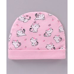 Babyhug 100% Cotton Cap Mittens & Booties Set Cat Print - Pink