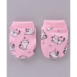 Babyhug 100% Cotton Cap Mittens & Booties Set Cat Print - Pink