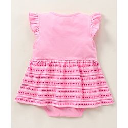 Babyhug 100% Cotton Flutter Cap Sleeve Frock Style Onesie Cat Print - Pink