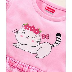 Babyhug 100% Cotton Flutter Cap Sleeve Frock Style Onesie Cat Print - Pink
