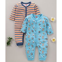 Babyhug 100% Cotton Full Sleeves Fox Print & Striped Rompers Pack Of 2 - Multicolour