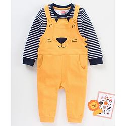 Babyhug Half Sleeves Dungaree Style Romper With Inner Tee Stripe Print - Yellow