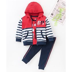 Babyhug Cotton Knit to Knit Full Sleeves Striped Hoodie With Tee & Lounge Pant - Red & Navy