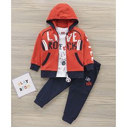 Babyhug Half Sleeves T-Shirt & Hooded Jacket With Joggers Text Print - Orange Navy Blue