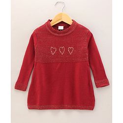 Babyhug Full Sleeves Solid Woollen Dress Sequin Design - Red