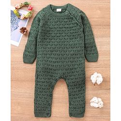 Babyhug Full Sleeves Knitted Romper Solid Textured - Olive Green