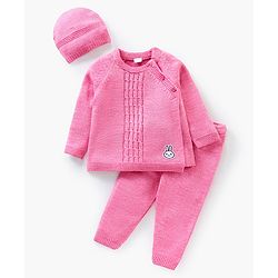 Babyhug Full Sleeves Baby Sweater Set With Cap Bunny Patch- Pink
