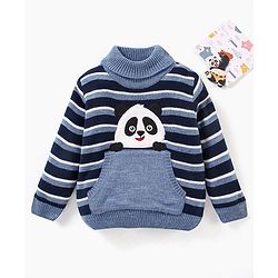Babyhug Full Sleeves Sweater Stripes Design & Panda Patch- Navy Blue