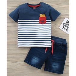 Babyhug Cotton Knit Half Sleeves T-Shirt & Denim Shorts Stripes - Blue White