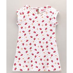 Babyhug Cotton Knit Short Sleeves Strawberry Print Baby Gown - White