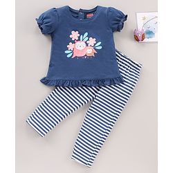 Babyhug Cotton Knit Short Sleeves Night Suit Owl Print - Navy