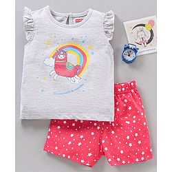 Babyhug Frill Sleeves Night Suit Multiprint - Grey Pink