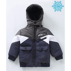 Babyhug Woven Full Sleeves Padded Jacket with Hood Colour Block - Blue
