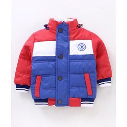 Babyhug Full Sleeves Color Block Hooded Padded Jacket - Blue Red
