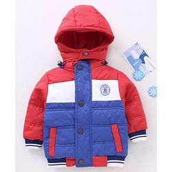 Babyhug Full Sleeves Color Block Hooded Padded Jacket - Blue Red