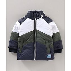 Babyhug Full Sleeves Hooded Fashion Heavy Winter Color Blocked Jacket - Blue