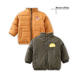 Babyhug Full Sleeves Heavy Winter Solid Reversible Jacket Text Patch - Olive Green Mustard Yellow