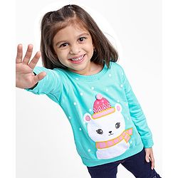 Babyhug Full Sleeves Cotton Knit Sweatshirt With Applique & Pom-Pom Detailing - Aqua Blue