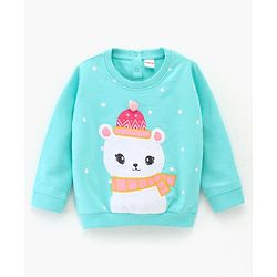 Babyhug Full Sleeves Cotton Knit Sweatshirt With Applique & Pom-Pom Detailing - Aqua Blue