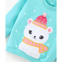 Babyhug Full Sleeves Cotton Knit Sweatshirt With Applique & Pom-Pom Detailing - Aqua Blue