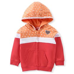 Babyhug Cotton Full Sleeves Front Open Sweat Jacket With Zipper & Hood Heart Print - Orange Red & White