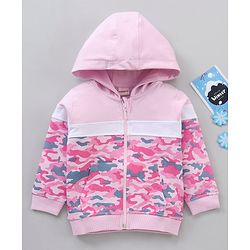 Babyhug Full Sleeves Cotton Knit Cut & Sew Hooded Sweat-Jacket with Abstract Print - Pink/White