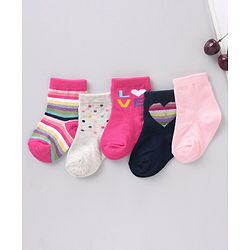 Cute Walk by Babyhug Cotton Knit Regular Length Antibacterial Socks Multiple Designs Pack Of 5 - Multicolour
