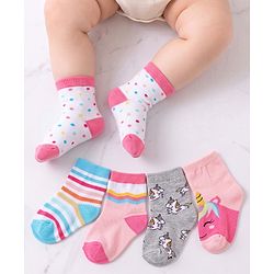 Cutewalk by Babyhug Ankle Length Anti-bacterial Cotton Knit Blend Socks Unicorn Print and Striped Pack of 5 - Multicolour