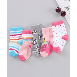 Cutewalk by Babyhug Ankle Length Anti-bacterial Cotton Knit Blend Socks Unicorn Print and Striped Pack of 5 - Multicolour