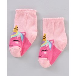 Cutewalk by Babyhug Ankle Length Anti-bacterial Cotton Knit Blend Socks Unicorn Print and Striped Pack of 5 - Multicolour