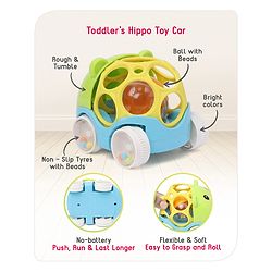 Babyhug Premium Hippo Free Wheel Car Cum Green Rattle Toy| Fun, Flexible, and Soothing Rattle Toy for Kids|Gifting Toy| Child Safe Material| Improves Motor Skills| Early Development Toys for 3+ Years| Non-Toxic| BIS Certified