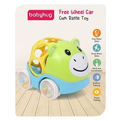 Babyhug Premium Hippo Free Wheel Car Cum Green Rattle Toy| Fun, Flexible, and Soothing Rattle Toy for Kids|Gifting Toy| Child Safe Material| Improves Motor Skills| Early Development Toys for 3+ Years| Non-Toxic| BIS Certified