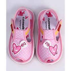 Cute Walk by Babyhug Slip On Sandals with Velcro Closure Polka Dot Print with Heart Applique - Pink