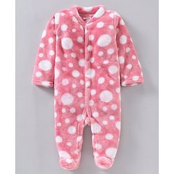 Babyhug Cotton Knit Full Sleeves Footed Velour Sleepsuit Printed - Pink