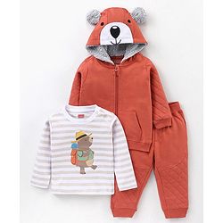Babyhug Cotton Full Sleeves T-Shirt & Lounge Pants With Hooded Sweatshirt Stripes & Bear Print- White Brown