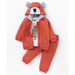 Babyhug Cotton Full Sleeves T-Shirt & Lounge Pants With Hooded Sweatshirt Stripes & Bear Print- White Brown