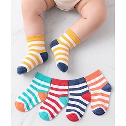 Cutewalk By Babyhug Anti Bacterial Ankle Length Non Terry Socks Striped Design Pack of 5 - Blue & Red
