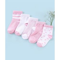 Cutewalk By Babyhug Anti Bacterial Ankle Length Non Terry Socks Striped Pack of 5 - Pink & White