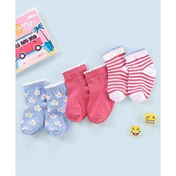 Cutewalk By Babyhug Anti Bacterial Ankle Length Non Terry Socks Floral Design Pack of 3- Pink