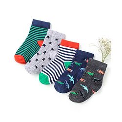 Cutewalk By Babyhug Anti Bacterial Ankle Length Non Terry Socks Dino Design Pack of 5 - Multicolour