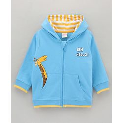 Babyhug Full Sleeves Hooded Sweat-Jacket With Giraffe Applique - Blue