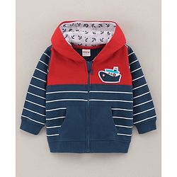 Babyhug Full Sleeves Sweatjacket with Hood Ship Print - Dark Blue
