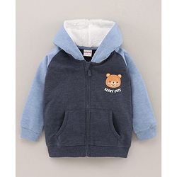 Babyhug Full Sleeves Cotton Knit Hooded Sweat-Jacket with Bear Print - Blue Melange