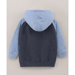 Babyhug Full Sleeves Cotton Knit Hooded Sweat-Jacket with Bear Print - Blue Melange