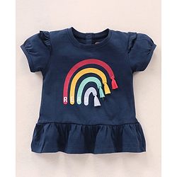 Babyhug Puff Sleeves Cotton Knit Rainbow Print Top with Frill & Tassel Detailing- Navy Blue