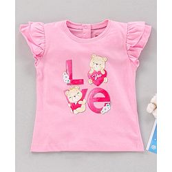 Babyhug Frill Sleeves Cotton Top Love Print - Pink