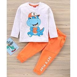Babyhug Full Sleeves T-Shirt & Joggers Set Dino & Text Print - Orange Melange White