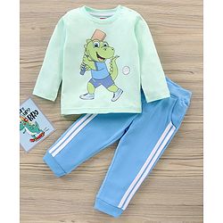 Babyhug Full Sleeves T-Shirt & Joggers Set Dino Print - Light Green Blue